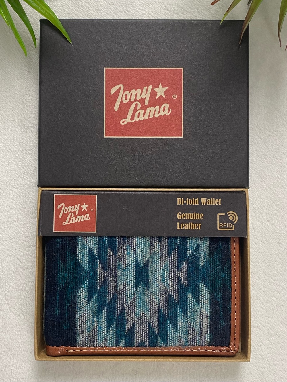 Tony Lama Genuine Leather Boho/Southwest Fabric Pattern Bi Fold Wallet